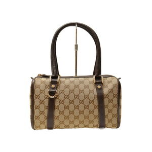GUCCI GG Canvas Boston Bag Beige Tan Brown Leather